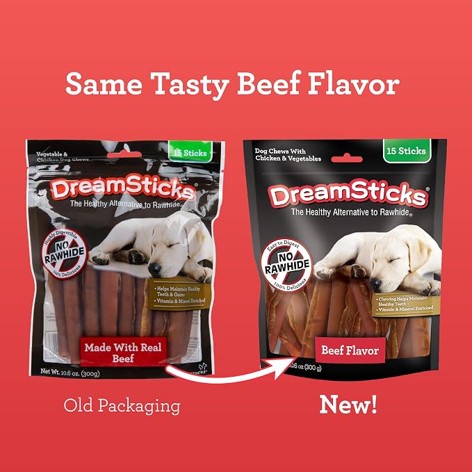 DreamBone DreamSticks,Rawhide Free Dog Chew Sticks Made with Real Beef and Vegetables,15 Sticks,(Pack of 2)