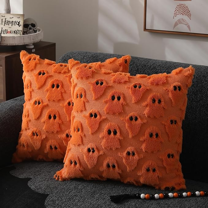 DFXSZ Halloween Pillow Covers 16x16 inch 2Pcs Orange Ghost Halloween Decor | Halloween Decorations Set of 2 Throw Pillow Cases Plush Faux Fur Wool Cushion for Chair Sofa Bedroom Living Room Home Decor