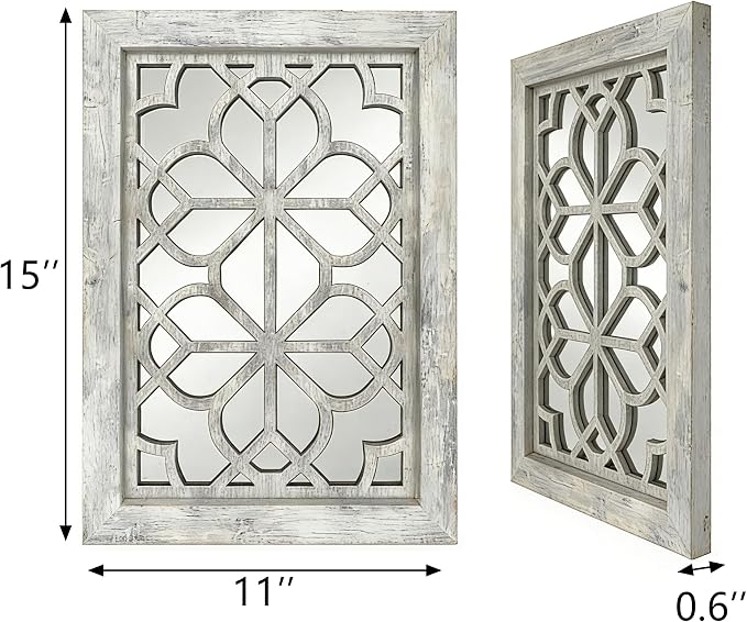 Set of 2 11x15 Inch Rectangular Shatterproof Grey Decorative Wall Mirrors, Boho Farmhouse Rustic Vintage Accent Mirrors for Living Room Bedroom Entryway & Home Decor
