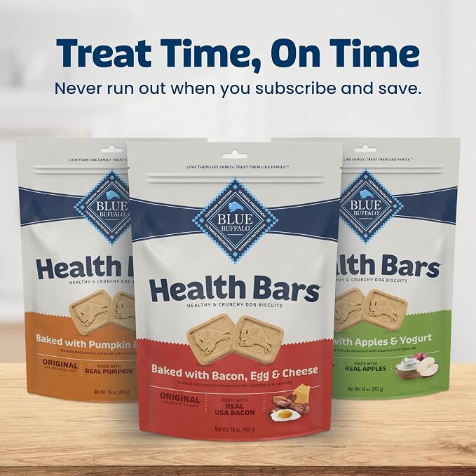 Blue Buffalo Health Bars Variety Pack Dog Biscuits, 16 oz | Bacon Egg & Cheese, Apple & Yogurt & Pumpkin & Cinnamon Recipes, Oven-Baked, Crunchy Texture