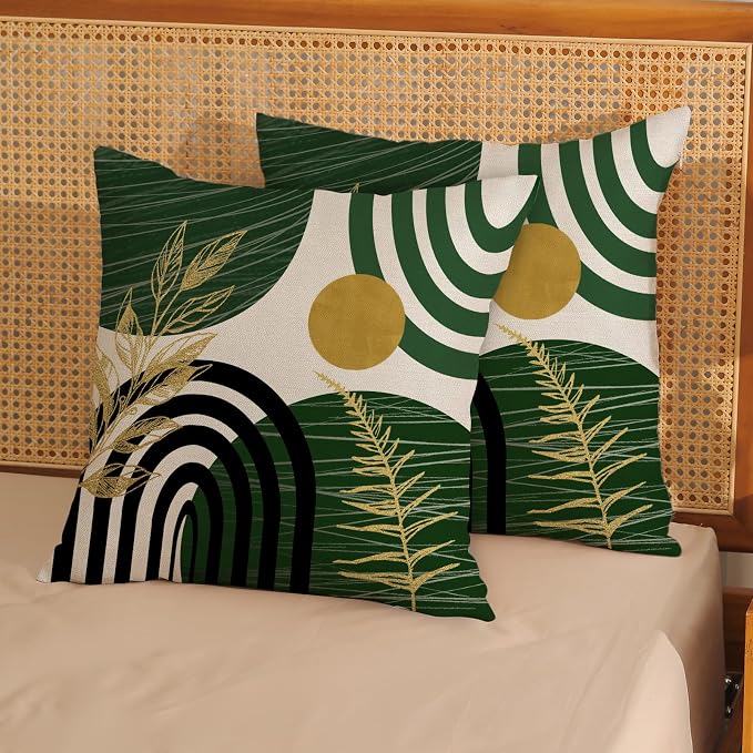 Boho Green Pillow Covers 18x18 Set of 2 Green Gold Leaf Tropical Decor Mid Century Throw Pillows Outdoor Bohemian Decorative Pillowcase Farmhouse Abstract Modern Cushion Case for Couch Sofa