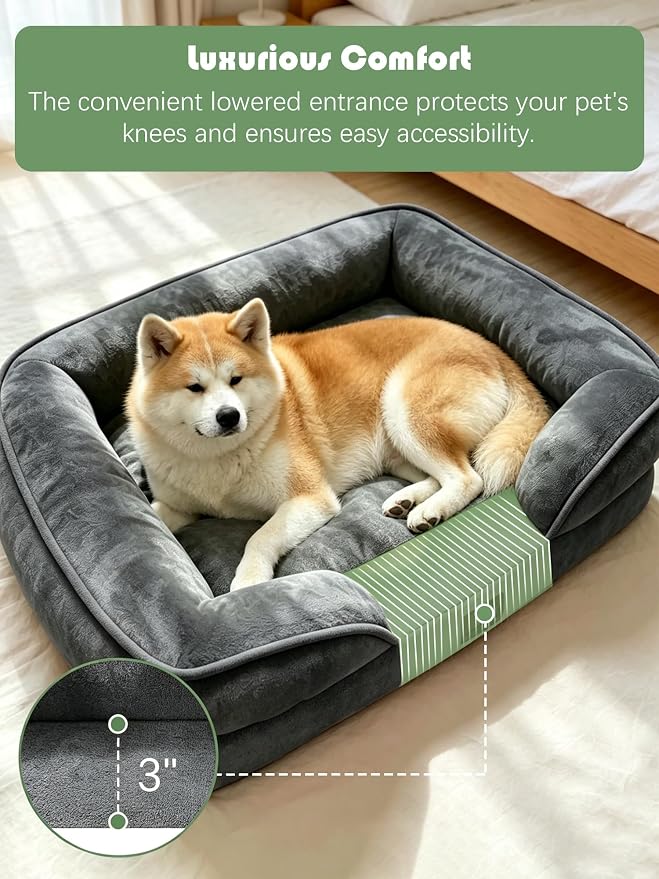Spotted Play Orthopedic Dog Bed with Sides - Sofa Beds for Extra Large Dogs, Supportive Foam Pet Couch Bed with Washable Removable Cover, Waterproof Lining and Non-Slip Bottom, Dark Grey - XL-Plus