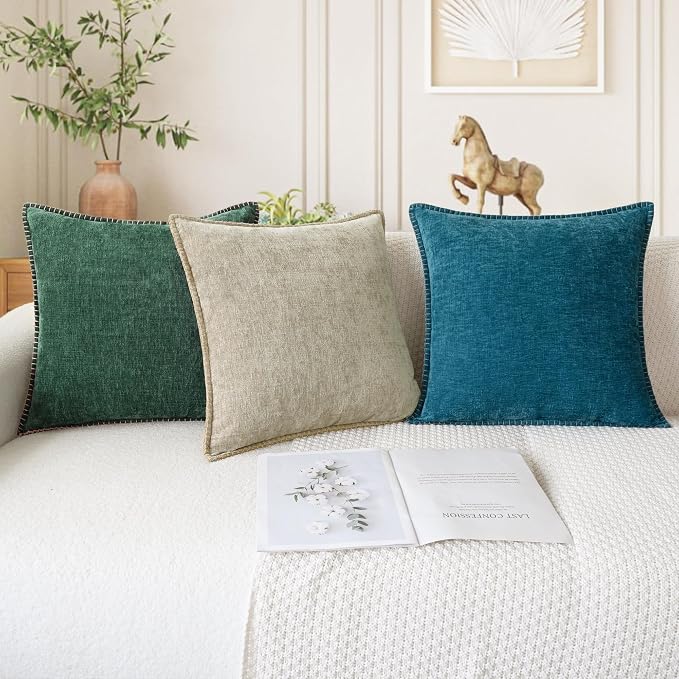 CaliTime Decorative Couch Throw Pillow Covers 24 X 24 Inches Dark Green | Pack of 2, Cozy Chenille Cushion Cases, Cotton Thread Stitching Edges, for Sofa Bed Living Room Farmhouse