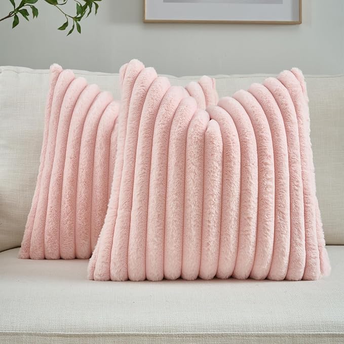 FUTEI Pack of 2 Faux Fur Throw Pillow Covers 26x26 Inch, Pink | Fluffy Faux Rabbit Fur Front/Premium Velvet Back,Hidden Zipper,Machine Washable,Non-Shedding,Colorfast,Insert Not Included.