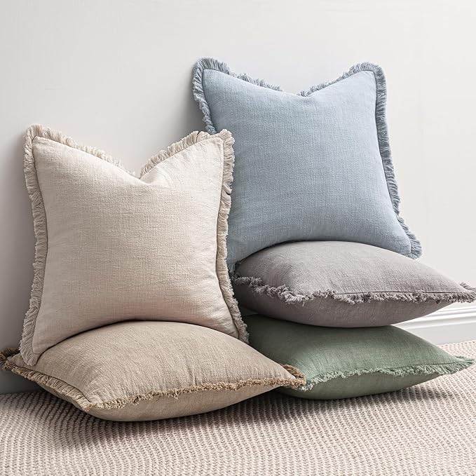 MIULEE Boho Linen Fringe Decorative Throw Pillow Covers Sky Blue 18x18 | Set of 2, Cottagecore Decor, Boho Farmhouse Coastal Pillow Covers, Rustic Couch Cushion Cases for Sofa Bed Living Room