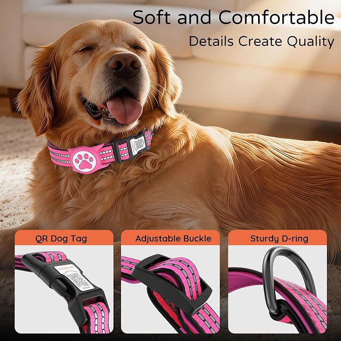 Waterproof AirTag Dog Collar with QR Code Dog Tag, Rose Red02 S | IP68 waterproof, QR code dog tag, Anti-Lost, Online profile, fits XS-L (8"-26"), Padded nylon, Reflective, No App, No Fees