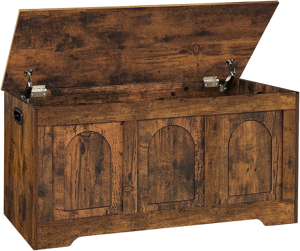 Storage Chest, Wooden Toy Box, Rustic Brown 39.4" L | Entryway Shoe Bench, 2 Soft-close Hinges, Finger-safe Flip-Top Lid, Easy Assembly, Farmhouse Large Trunk, Living Room/Bedroom