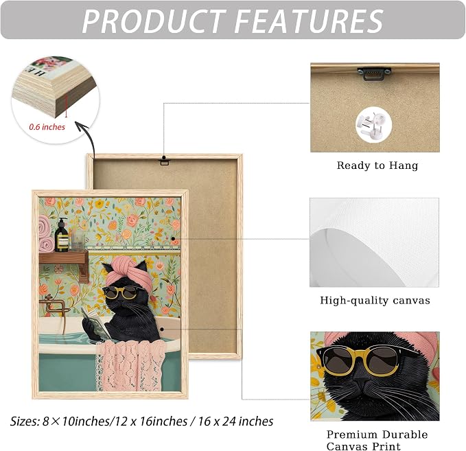 ICHZUMW Framed Funny Black Cat in Bathtub Canvas Bathroom Wall Art 16x24 In | Humorous Cat Wearing Sunglasses Reading Book, Girly Pink Dopamine Bathroom Wall Decor, Restroom Powder Room, Ready to Hang