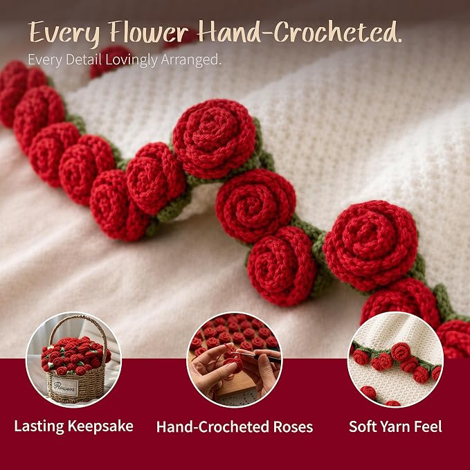Red Rose Crochet Flower Bouquet Blanket, 43 Inch Throw, 60 Rose Flowers | Gift Bag, Writable Card, Machine Washable, Hand-Crocheted Red Roses, Ready for Romantic Gifts, Birthdays, or Anniversaries.