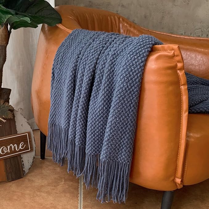 LOMAO Knitted Throw Blanket with Tassels Bubble Textured Lightweight Soft Throws for Couch Cover Home Decor (Navy, 60x90)