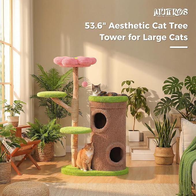 MUTTROS Flower Wood Cat Tree, 53.5" Modern Cat Tower with 2 Condos | Natural solid wood scratching post, durable 2 condos and forest-style design for indoor and multi-cat households