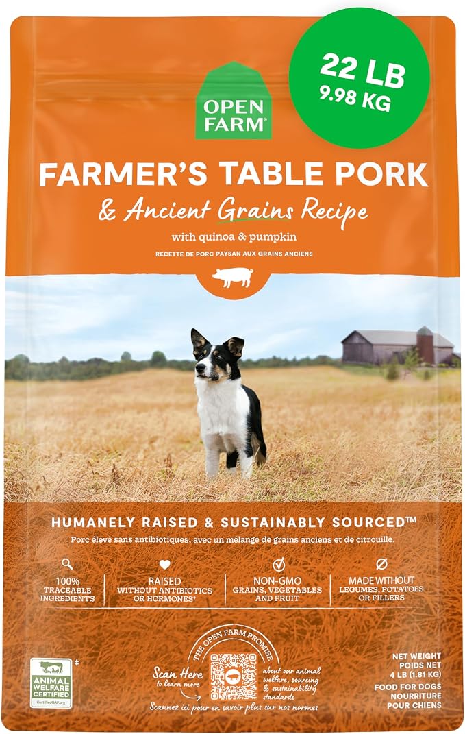 Open Farm Ancient Grains Dry Dog Food, Farmer's Table Pork Kibble, 22lb Bag | All Life Stages, All Breed Sizes, Protein-Rich & Nutrient Dense, 100% Traceable Ingredients, Non-GMO Fruits & Veggies.