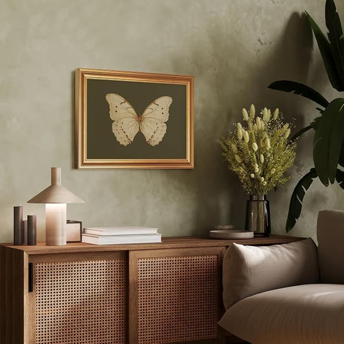 JLTULT Gold Framed Butterfly Wall Art, Dark Green Canvas, 12 x 16 Inches | Ivory butterfly art on fade-resistant dark green canvas with a ready-to-hang gold-tone PS frame for bedrooms and offices