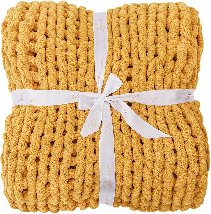 Bigacogo Chunky Knit Throw Blanket for Couch, 51x63 inches, Mustard Yellow | Hand Knit with Jumbo Chenille, Soft Breathable Cable Knit for Sofa Bed Living Room, Machine Washable, Gift for Mom Friend