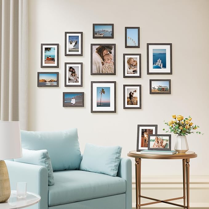 Vittanly 15 Pack Picture Frames Collage Wall Decor, Wall/Tabletop Display | Rustic Grey, Multi-Size Gallery Wall Frame Set: 3pcs 8x10, 6pcs 5x7, 6pcs 4x6. Picture Frame Set for Family