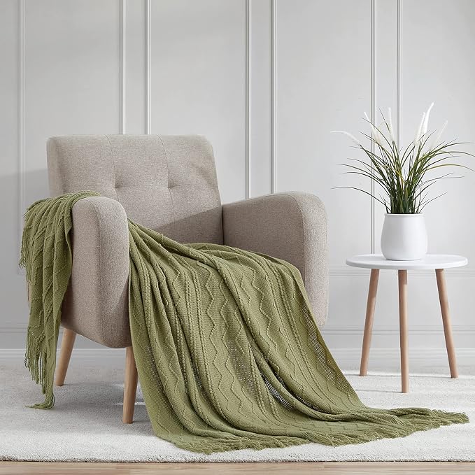 BOURINA Olive Throw Blanket 50x60 Inch Boho Knitted Soft Throw Sofa Blanket | Knitted Throw Blanket 50x60 Inches, Soft Lightweight Boho Weave Throw Decorative Couch Blanket for Living Room Bedroom Chair