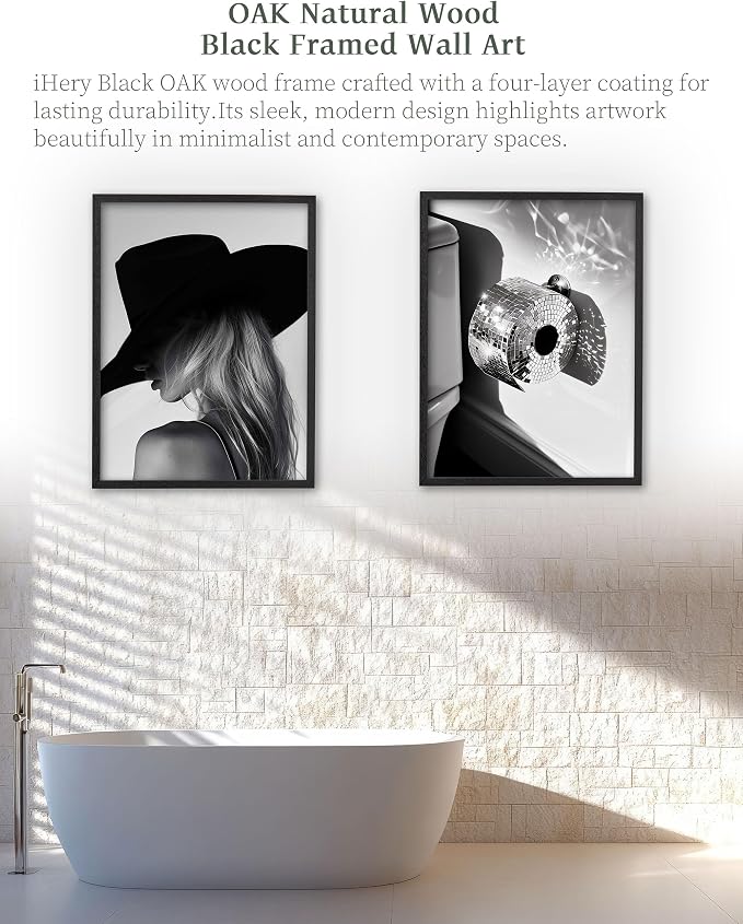 iHery 16x20in Disco Ball Toilet Paper Framed Bathroom Wall Art | Premium Black OAK Wood Frame with Canvas Print, Funny Black and White Decor for Bathroom, Powder Room Guest Bathroom 1Pack