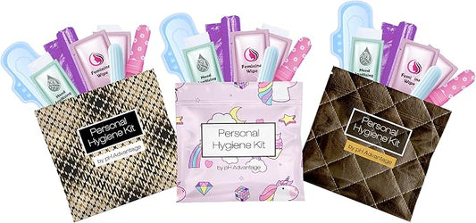 3 x Menstrual All-in-One Kits - Assorted Colors | Convenience on The Go | Single Period Kit Packs | Individually Wrapped Feminine Hygiene Products (Light Brown/Rainbow & Unicorns/Dark Brown)