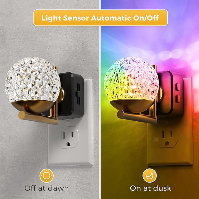 L LOHAS LED Night Lights Plug Into Wall 2 Pack, Dusk to Dawn Sensor | 10-Color RGB Dimmable Night Light, 180°Rotating Plug in Night Light for Bathroom, Hallway, Bedroom, Stairway