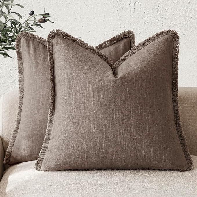 Foindtower Set of 2 Decorative Linen Fringe Throw Pillow Covers Cozy Farmhouse Cushion Cover with Tassels Accent Pillowcase for Couch Chair Sofa Bed Living Room Home Decor,22×22 Inch,Light Coffee