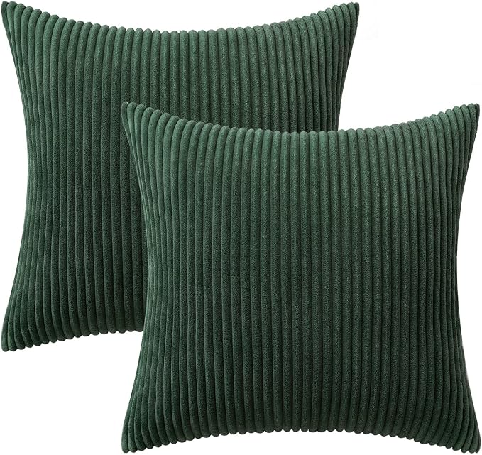 MIULEE Decorative Corduroy Throw Pillow Covers Set of 2 18x18 Army Green | Soft Striped Textured Cushion Cases, Boho Natural Greenery Pillowcases for Home Decor, for Couch Chair Sofa Bed Living Room