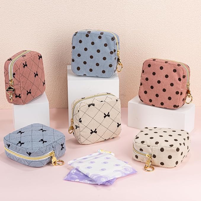 Period Bag for Teen Girls, Corduroy Cute Sanitary Napkin Storage Bag, Menstrual Pad Pouches Tampon Holder for Purse (Black-Purple Bow)