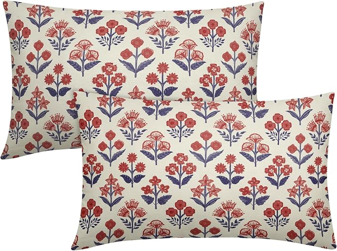 4th of July Patriotic Floral Block Print Pillow Covers 12x20 Inch Set of 2, Navy Blue Red Flower Lumbar Decorative Throw Pillowcases Outdoor Memorial Day Cushion Covers Holiday Sofa Couch Bed Decor