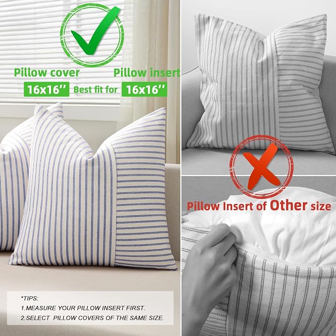 YCOLL Farmhouse Pillow Covers 16x16, Modern Accent Square Throw Pillow Covers Set of 2, Blue and Beige Striped Patchwork Linen Decorative Pillows Cushion Covers for Couch Chair Bedroom Home Decor