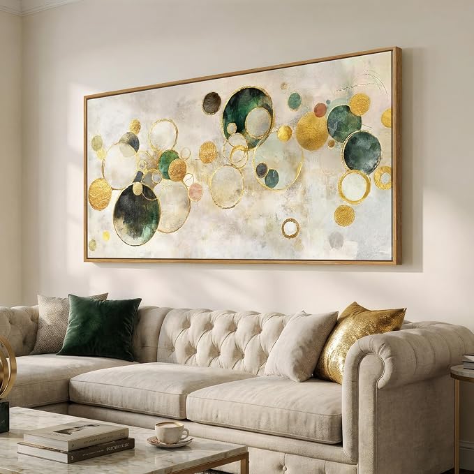 Extra Large Framed Abstract Wall Art for Living Room, Oversized Horizontal Green Canvas Prints Paintings Artwork for Walls, Modern Gold Circle Pictures Wall Decor for Bedroom Dining Office, 36x72 In