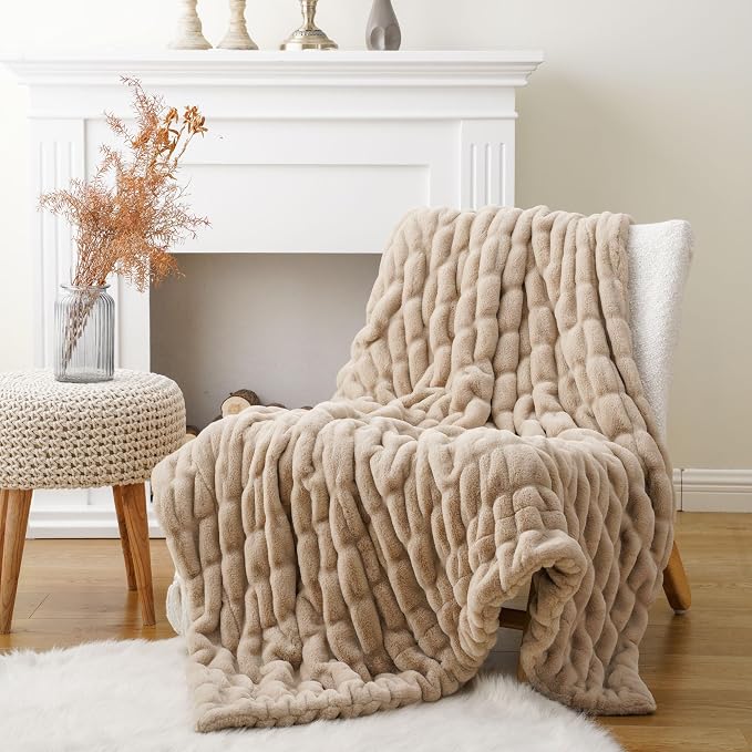 BATTILO Soft Faux Fur Throw Blanket for Couch, Double Side, 50"x60", Beige | Luxury Minky Couture Blanket, Beige Throw Blanket, Cozy Warm Soft Fluffy Faux Fur Blanket For Bed, Sofa Living Room