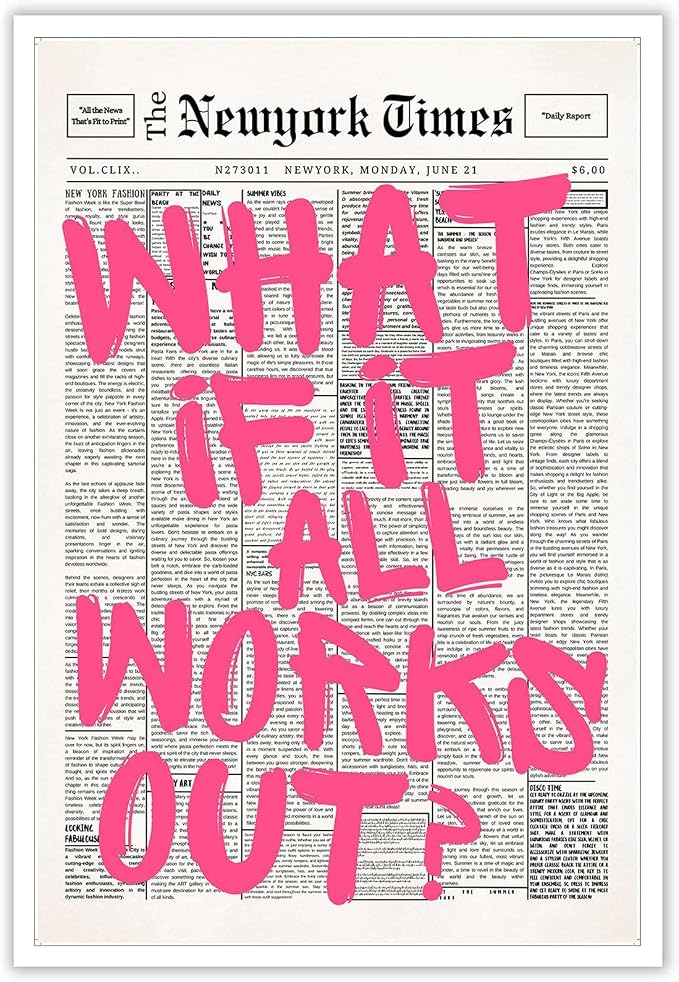 Drimiler Retro Newspaper Pink Font Poster What If It All Works Out Canvas Wall Art Positive Affirming Quote Minimalist Prints Painting For Home Bedroom Dorm Wall Decor 12x16in Unframed