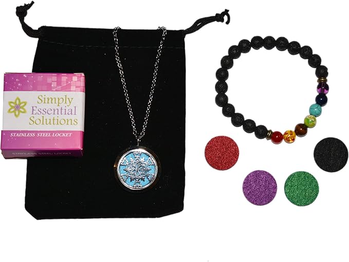 Aromatherapy Essential Oil Diffuser Stainless Steel 30MM Silver Magnetic Locket Pendant with Chain Necklace and Colored Refill Pads & Diffuser Bracelet All in a Velvet Bag (Snowflake1)