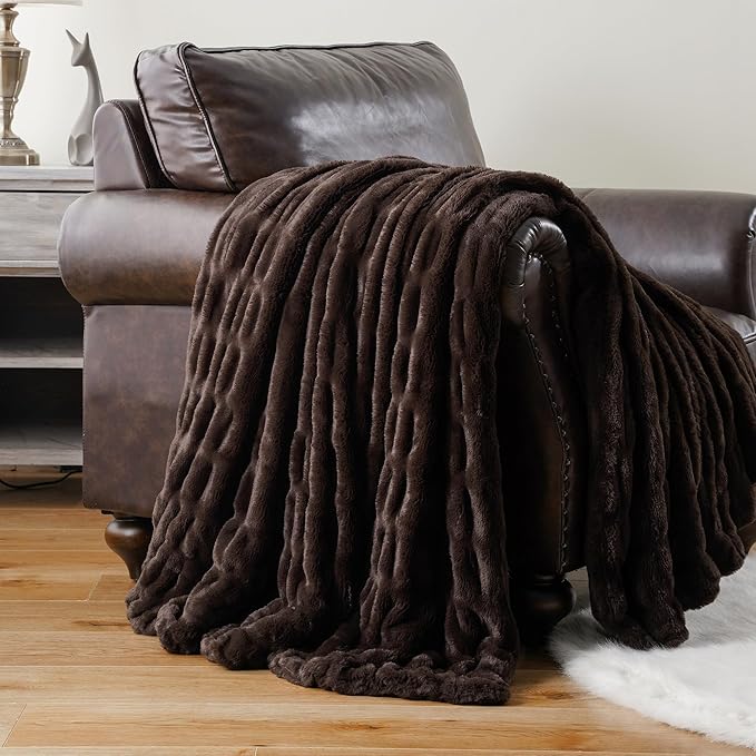 BATTILO Dark Brown Faux Fur Throw Blanket for Bed, Double Side, 60"x80" | Brown Throw Blanket Soft Cozy Warm Minky Blanket, Double Side Reversible Ruched Rabbit Fur Blanket for Living Room