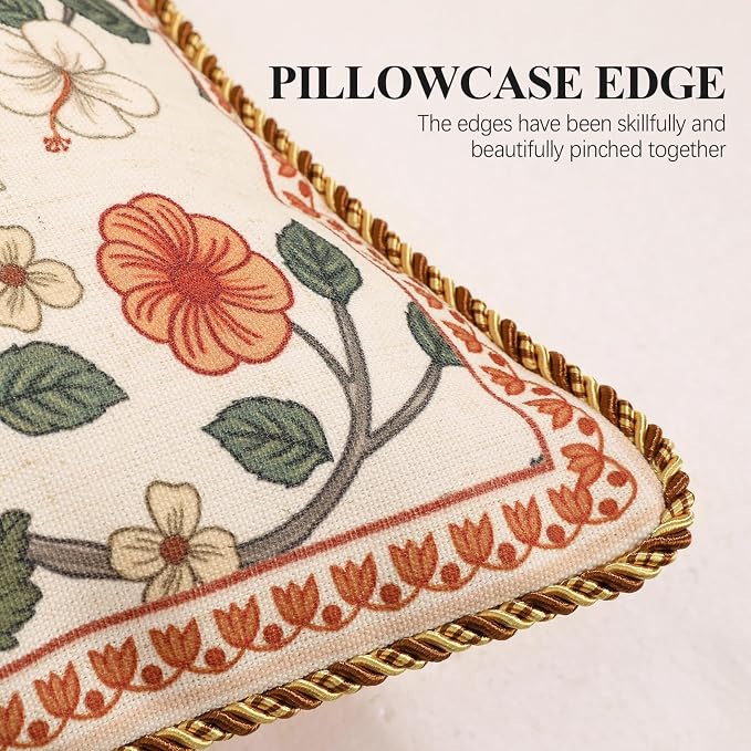 Designer Elegant Linen Throw Pillow Cover,Set of 2,28"x12"-Flora A | French Rectangle Decor Pillow Cover,Concealed Zipper Design,Floral Pattern,Sofa,Bedroom,Living Room,Lounge Chairs