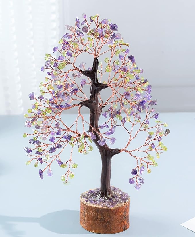 Amethyst & Peridot Crystal Tree Gemstone Tree of Life Chakra Bonsai Tree for Room, Desk & Office Decor Spiritual Gift Meditation Birthday Gift for Women Mom her Sister Housewarming Gifts Home