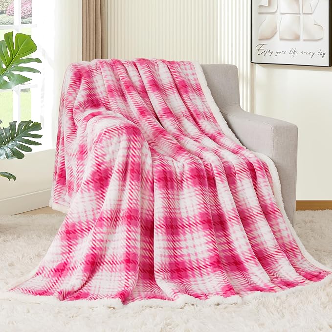 Sherpa Plaid Throw Blanket, 60" X 70" Fuzzy Fluffy Cozy Soft Blanket, Fleece Flannel Plush Twin Size Microfiber Blanket for Couch Bed Sofa, White&Pink