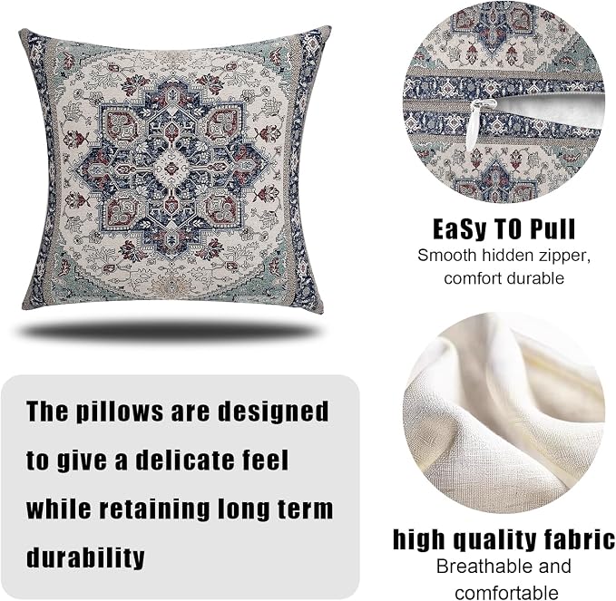 Boho Throw Pillow Covers 24x24 inch Set of 2,Soft Pillowcases Bohemia Carpet Printing Pattern Decorative Sofa Living Room Bed Square Pillow Case Cushion Cover-Blue Cyan