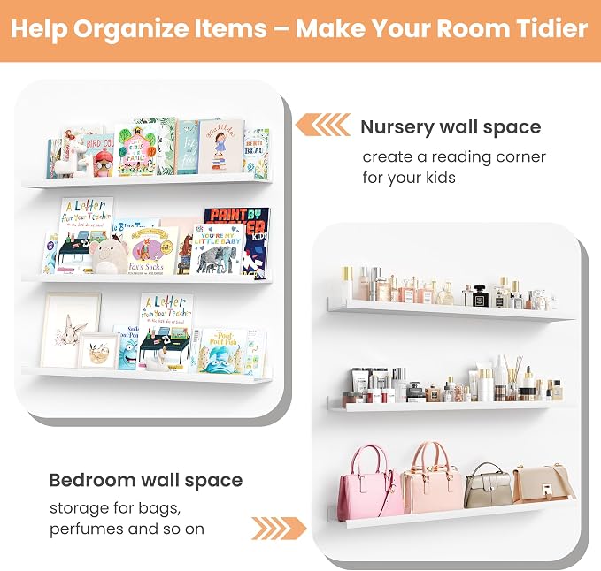 upsimples Floating Shelves for Wall Decor and Storage, White, 6Pcs 47.3'' | Wall Mounted Wood Shelves for Living Room, Bedroom, Kitchen, Office, Hallways Display and Organize Photos