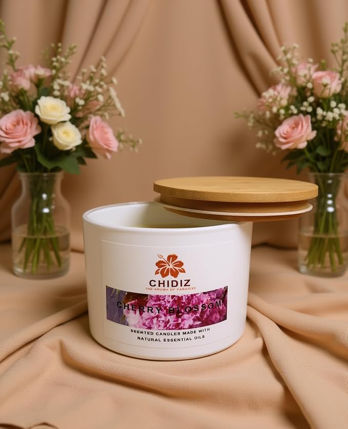 Cherry Blossom Soy Scented Candles | Large 1 Wick Jar Candle | Up to 45 Hours Burning Time | Relaxing Aromatherapy Candles | Housewarming Gift for Women and Men (Medium, Cherry Blossom)