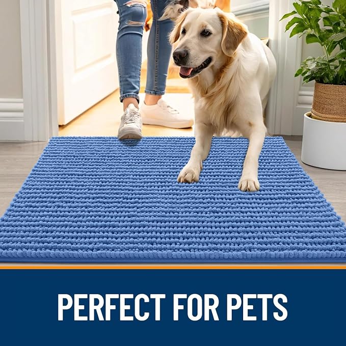 OLANLY Dog Door Mat for Muddy Paws 47x24, Extra Absorbent Chenille Mud Mat | Cornflower Blue, Absorbs Moisture and Dirt, Non-Slip Machine Washable Doormat, Quick-Dry Indoor Entryway Floor Mat for Dogs
