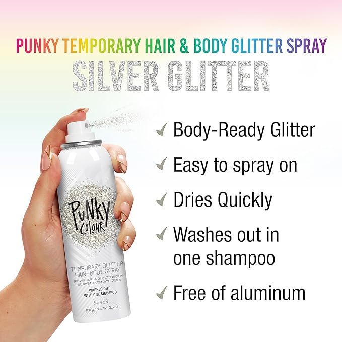 Punky Temporary Hair and Body Glitter Spray Silver – Glitters Hairspray, Adds Sparkly Shimmery Glow, Hair Glitter for Kids, Women, Men 3.5 oz