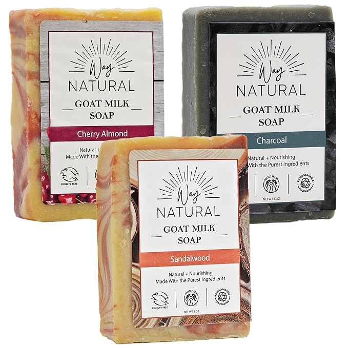 Goat Milk Soap Bar (Variety 3 Pack) - Natural Bar Soap for Men & Women - Handmade w/Real Milk, Hands/Body - Premium, Gentle, No Dyes - (Large, 5oz) Sandalwood, Cherry Almond, Charcoal