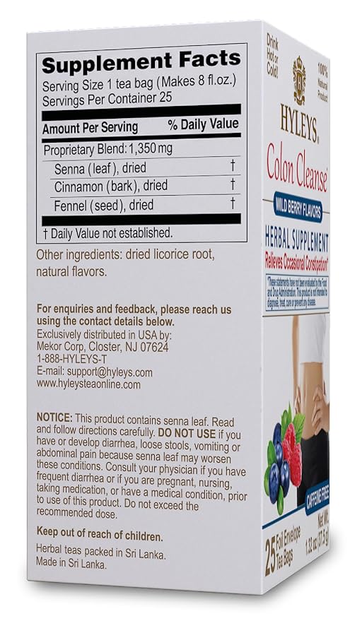 HYLEYS Colon Cleanse Tea, Wild Berry Flavor - 25 Individually Wrapped Herbal Tea Bags - Caffeine Free, Vegan