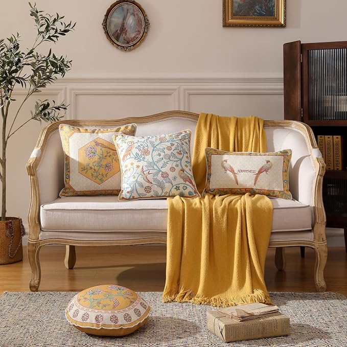 patdrea French Vintage Linen Throw Pillow Cover,18"x18"-Magnolia A | Decorative Pillow Case with Zipper,Yellow Floral Pattern,Cushion Coverfor Couch Living Room Bedroom Sofa