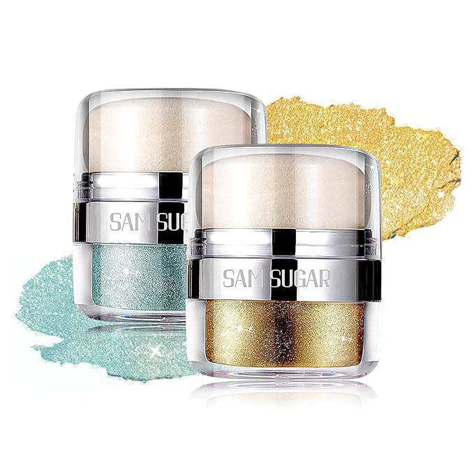 Body Shimmer Powder, 2PCS Body Glitter Powder with Sponge Head, 3D Contour & Long Lasting Luminous, Glow Highlighter Makeup for Face, Eyes, Hair, Perfect for Daily, Party (Cyan/Gold)