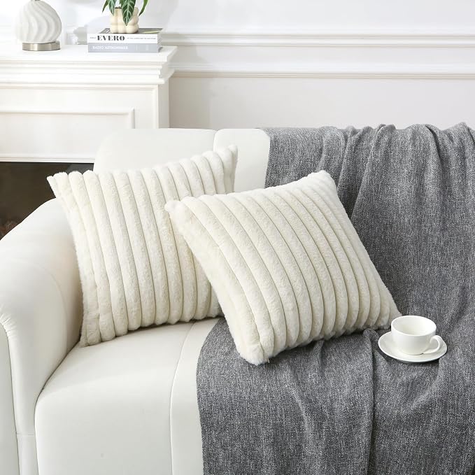 Decorative Throw Pillow with Inserts, Set of 2 Soft Faux Fur Throw Pillows, Square Boho Striped Pillow for Couch, Bed, Sofa Decor(Beige, 16" x 16")
