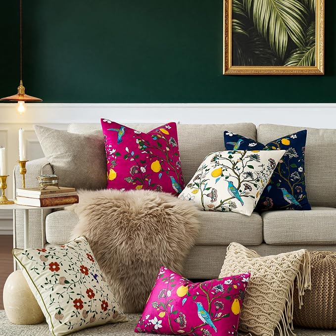 MUSSEL Hot Pink Floral Vintage Decorative Pillow Covers 18x18 Set of 2 | Soft Velvet,Wild Flower Plant,Throw Pillows Case,Square,Colorful Farmhouse Cushion Covers,Home Sofa Bed Couch Decor