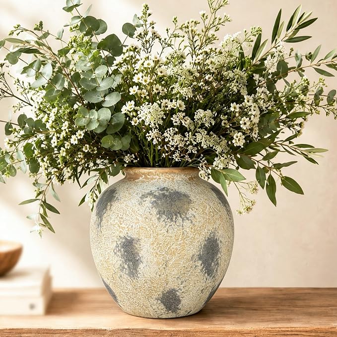 Cream Ceramic Flower Vase Speckled Bubble Glaze Home Decor | 6.29 Inch Rustic Table Vase,Decorative Ornament for Living Room,Office,Wedding,Birthday