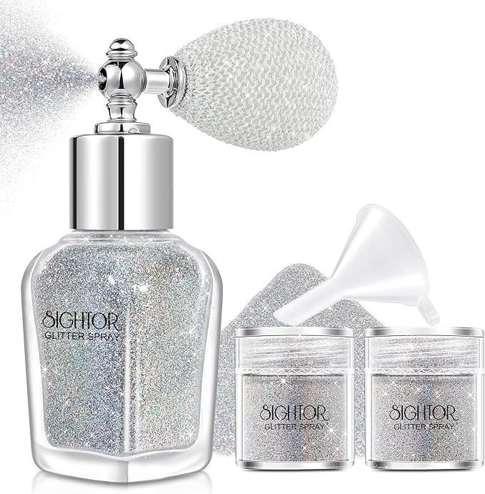 SIGHTOR Body Glitter Spray, 30ML Shiny Spray for Body Hair Face Clothing, Highlighter Powder Shimmer Sparkle Pearl Powder Makeup Nail Art Spray for Stage Makeup Party (Sliver)