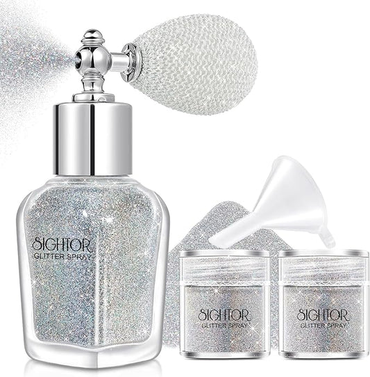 SIGHTOR Body Glitter Spray, 30ML Shiny Spray for Body Hair Face Clothing, Highlighter Powder Shimmer Sparkle Pearl Powder Makeup Nail Art Spray for Stage Makeup Party (Sliver)